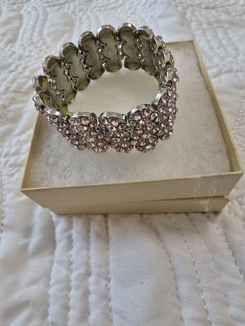 Vintage Silver Toned Elegant Pink Crystal Stretch Bracelet -